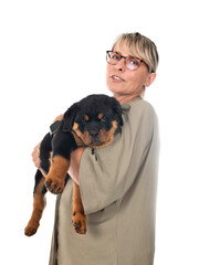 puppy rottweiler and woman in studio