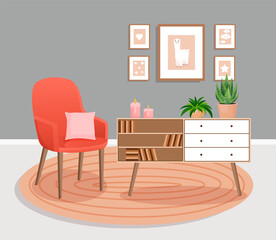 Cute gray interior with modern furniture and plants. Design of a cozy living room with soft chair, plants, pictures, pillow, carpet, dressers and books. Vector flat style illustration.