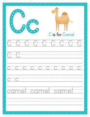 Trace letter C uppercase and lowercase. Alphabet tracing practice preschool worksheet for kids learning English with cute cartoon animal. Activity page for Pre K, kindergarten. Vector illustration