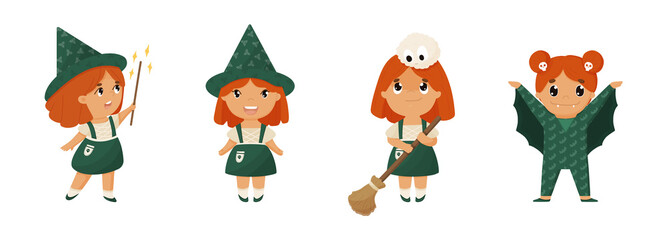 Cute redhead witch set for Halloween party. Funny kids collection in spooky costumes. 
