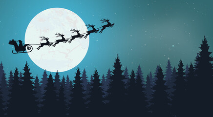 Fototapeta na wymiar Santa Claus with reindeer fly high
