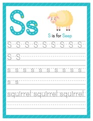 Trace letter S uppercase and lowercase. Alphabet tracing practice preschool worksheet for kids learning English with cute cartoon animal. Activity page for Pre K, kindergarten. Vector illustration