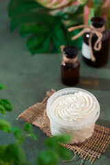 Whipped Shea butter. Organic cosmetics with herbal ingredients. Concept of the organic cosmetics.