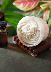Whipped Shea butter. Organic cosmetics with herbal ingredients. Concept of the organic cosmetics.