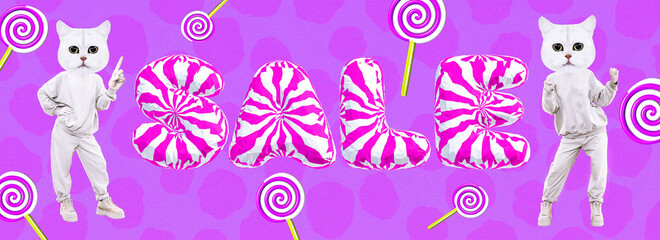 Stylish minimal collage banner scene. Funny Cats character in sweet lolly pop space.  Candy shop promotion concept. Text Sale