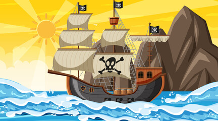 Ocean with Pirate ship at sunset time scene in cartoon style