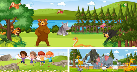Obraz na płótnie Canvas Set of different outdoor landscape scenes with cartoon character