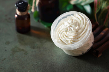 Whipped Shea butter. Organic cosmetics with herbal ingredients. Concept of the organic cosmetics.