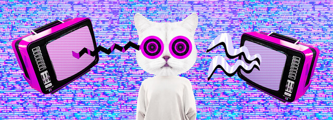 Stylish minimal collage banner scene. Funny Kitty character hypnotizing Tv. News, fake, negative,...