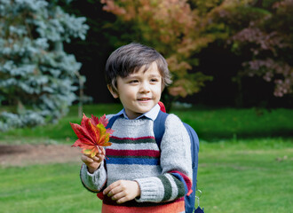 Happy boy holding autumn leaves in the garden, portrait child wearing jumper playing outside, Active kid carrying backpack having fun playing around and get exciting for adventure in Autumn forest