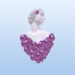 Contemporary collage. Sculpture of a woman on a gentle blue background and a heart of flowers.