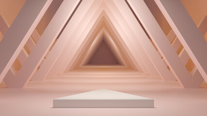 Peach triangular hallway product Podium background. Showcase Pedestal. Minimalist 3d Illustration.