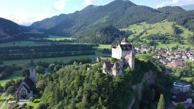 Picturesque summer landscape with Gutenberg Castle, important historic preserved castle located in town of Balzers, Principality of Liechtenstein