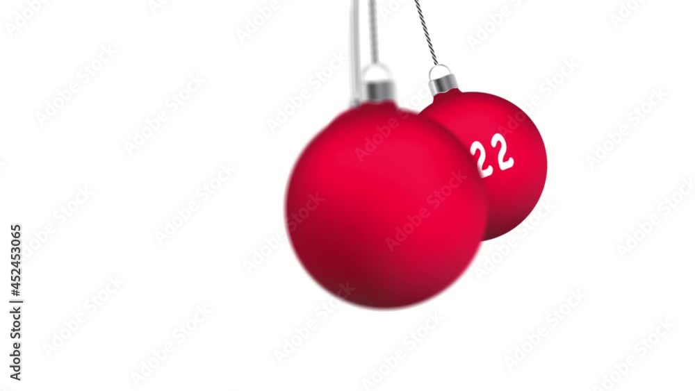 Poster red christmas baubles swing on a string with happy new year 2022 message animation background. seaml