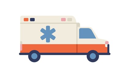 Ambulance car with star of life emblem. Medical emergency vehicle. Side view of paramedic van. Rescue truck of medic service, aid and assistance. Flat vector illustration isolated on white background © Good Studio