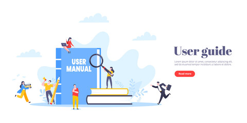 User manual guide book flat style design vector illustration. Tiny people, magnifying glass and guidance manual instructions working together with guide book. Specifications user guidance document.