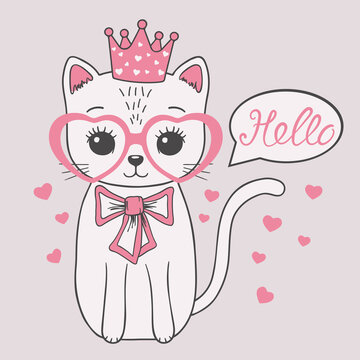 Cute little cat princess with crown, pink heart glasses