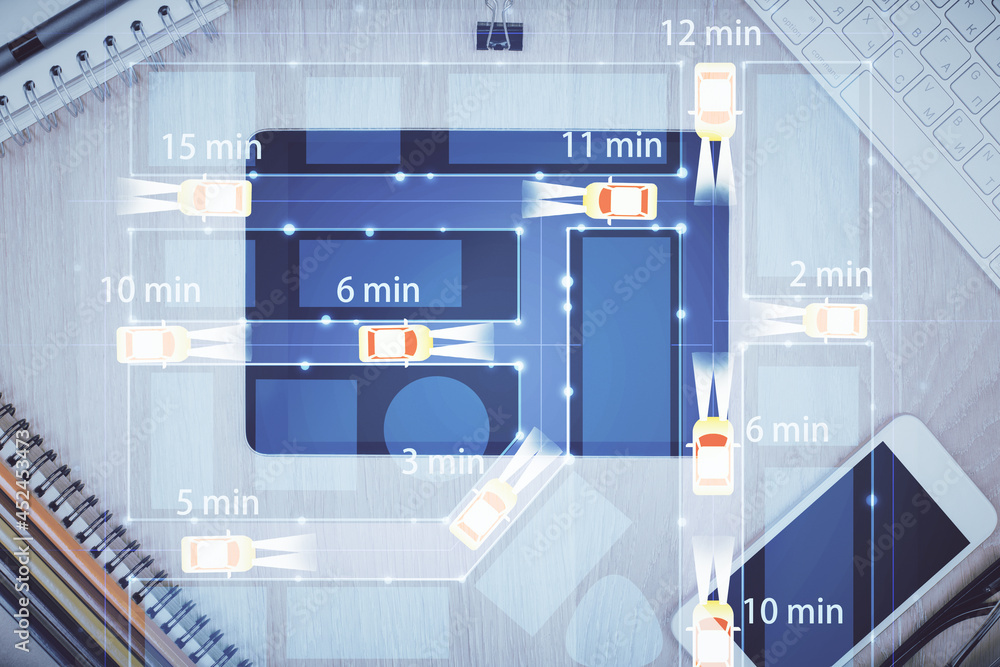 Poster multi exposure of auto technology theme drawing over table with phone. top view. concept of automati