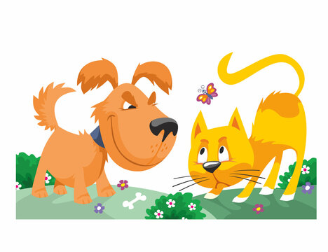 Dog and Cat again cannot share bone, picture of friendship and quarrels. Full color vector illustration.