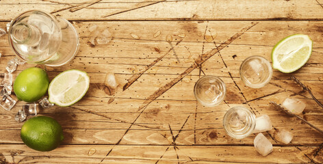 Braziilian vodka cachaca in shot glasses with lime on wooden table, iced strong alcohol drink in misted glass. Top view, negative space