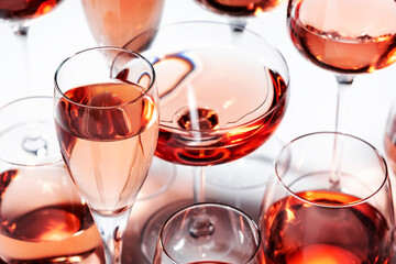 Rose wine of different shades in glasses on white background. Rosado, rosato or blush wines tasting