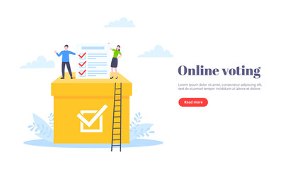Online voting concept flat style design vector illustration. Tiny people with voting poll online survey working together. Concept of electronic voting modern system political competition and election.