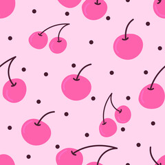 Seamless pattern of hand drawn cherries. Berries print. Flat illustration.