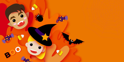 Cute Little Witch. Werewolf. Happy Halloween. Monsters cartoon paper cut style. Funny Trick or treat. Bat, spider, web, candy. Space for text Orange Purple