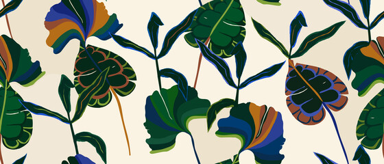 Autumn leaves abstract collage print. Trendy hand drawn contemporary seamless pattern. 