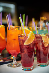 Multicolored alcoholic and non-alcoholic cocktails with ice and straws