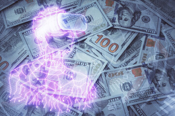 Double exposure of man wearing VR glasses drawing over usa dollars bill background. Concept of virtual reality.