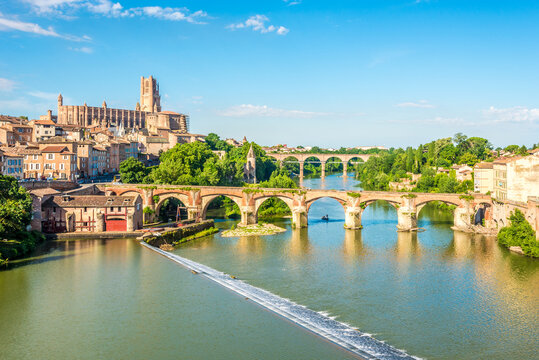 View at the Albi town with Old bridge over Tarn river, France