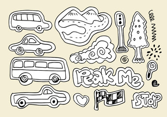set of hand drawn kids doodles like cars, hills, trees, traffic lights. Transport Doodle Collection, vector illustration.