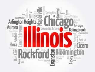 List of cities in Illinois USA state, word cloud concept background