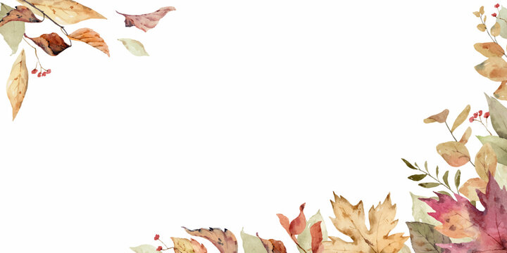 Watercolor vector banner with fall leaves and branches isolated on a white background.