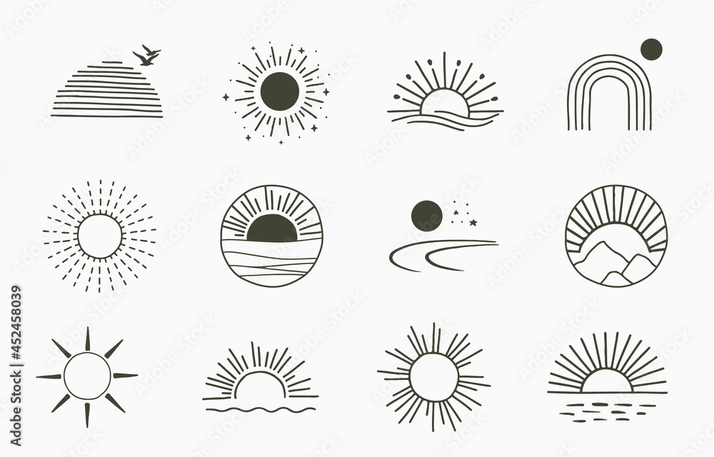 Wall mural Collection of line design with sun.Editable vector illustration for website, sticker, tattoo,icon