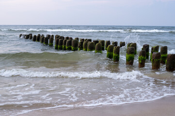 stary drewniany falochron na wybrzeżu Morza Bałtyckiego w Polsce