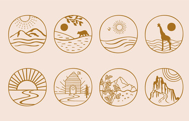 Collection of line design with sun,mountain.Editable vector illustration for website, sticker, tattoo,icon
