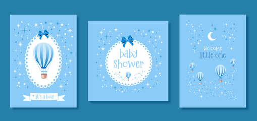 Fototapeta na wymiar Set of baby shower vector invitation cards. Templates for it's a boy, baby shower and welcome little one. 