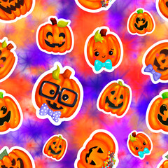 Halloween seamless pattern with cute cartoon pumpkins, hand drawn character. Kids pattern, black textured background with gold glitter shining. Fanny design for holiday wallpaper, wrapping, fabric
