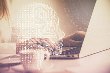 Multi exposure of woman hands working on computer and human brain hologram drawing. Ai tech concept.