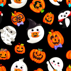 Halloween seamless pattern with cute cartoon  ghost character in witch hat, vampire and zombie. Kids pattern, purple textured background. Fanny design for holiday wallpaper, wrapping, fabric