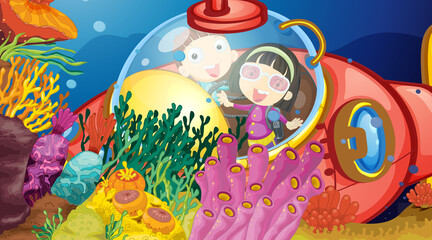 Naklejka premium Underwater scene with happy kids in submarine exploring undersea