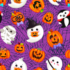 Halloween seamless pattern with cute cartoon pumpkins and ghost character in witch hat, vampire and zombie. Kids pattern, purple textured background. Fanny design for wallpaper, wrapping, fabric