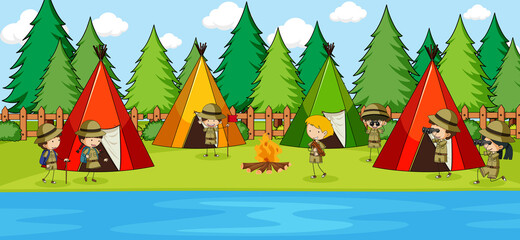 Obraz premium Park scene with many kids camping doodle cartoon character