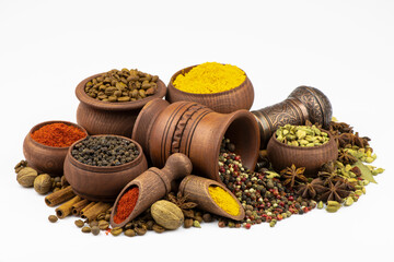 An assortment of oriental spices and seasonings in wooden bowls, scattered bitter and allspice,...