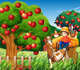 Farm scene with farmer boy on horse vehicle