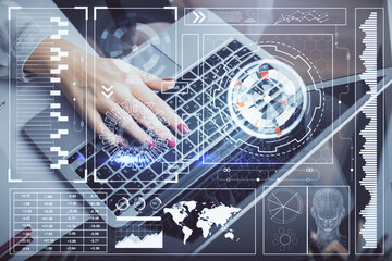 Multi exposure of woman hands working on computer and data theme hologram drawing. Tech concept.