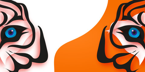 Tiger. Happy Chinese New Year Greeting Card 2022. Wild Animal Holidays cartoon paper cut. Happy New Year. Big cat. Space for text. White Orange