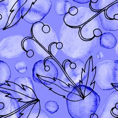 Creative seamless pattern with line art flowers and leaves on watercolor stains. Trendy abstract modern vintage print.	